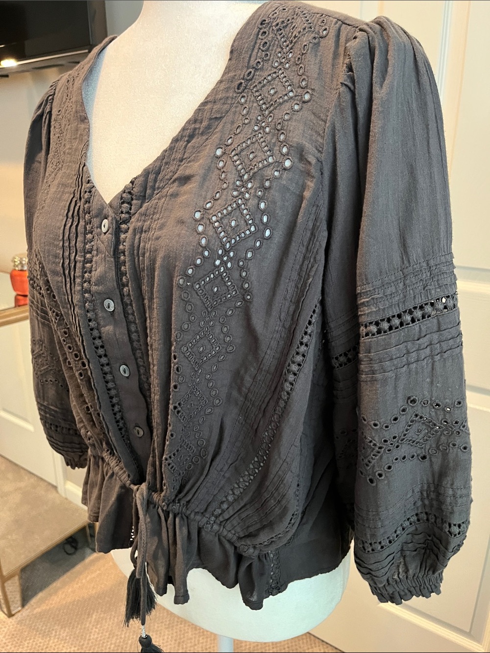Lucky Brand Charcoal Eyelet Button-Front Drawstring Blouse - Picture 2 of 8